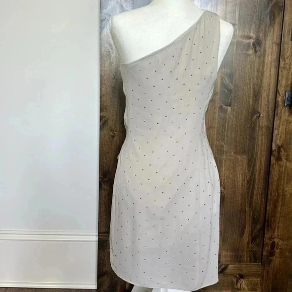 Express Chiffon One Shoulder Sleeveless Mini Dress Rhinestone Short Womens 6 - Picture 10 of 12
